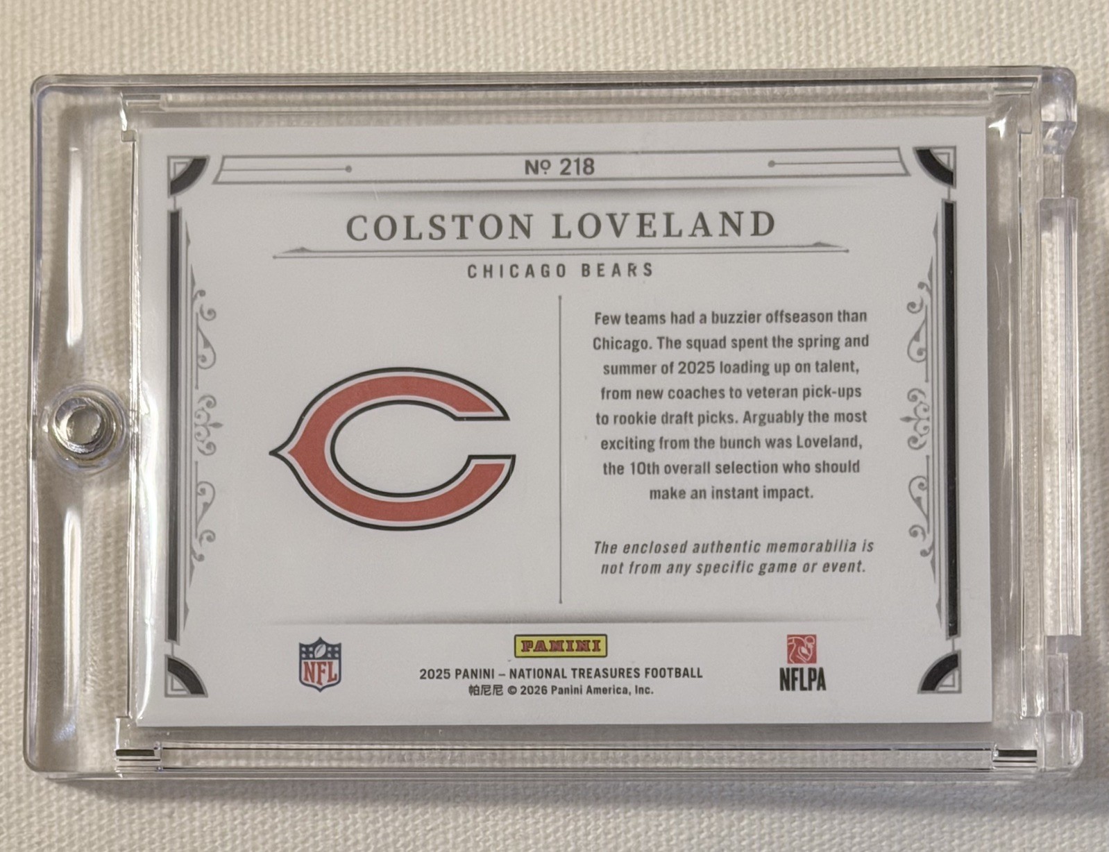 1/1 Colston Loveland National Treasures Rookie NFL Shield Patch – Chicago Bears