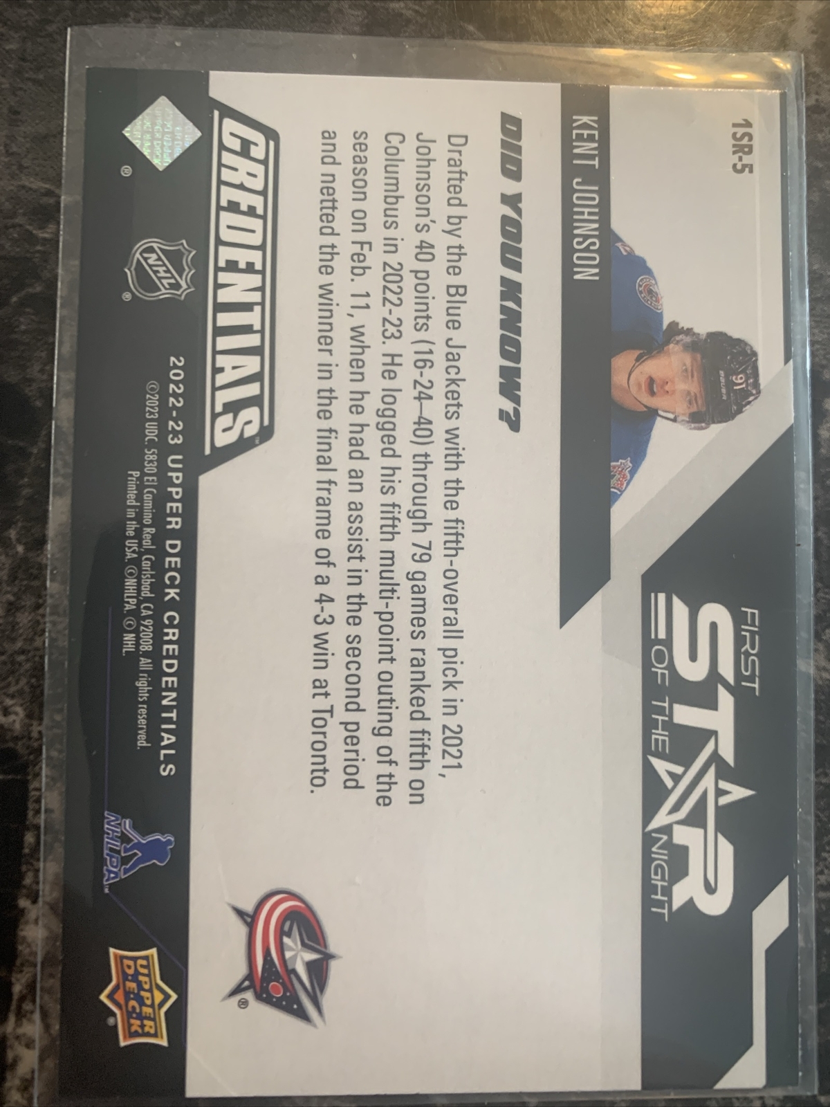 Kent Johnson Rookie 2022-23 Credentials First Star Of The Game #1sr-5