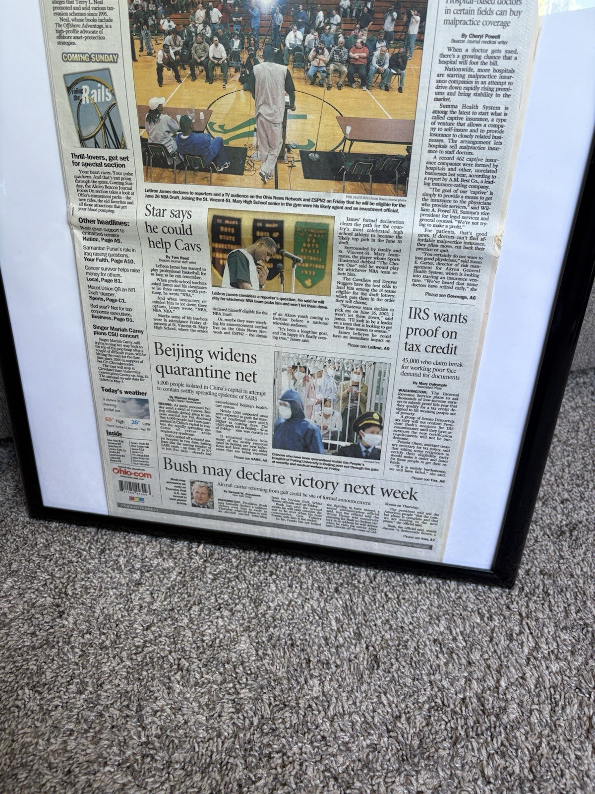LEBRON JAMES 2003 NBA DRAFT DECISION AKRON BRACON NEWSPAPER 4/26/2003 FRAMED