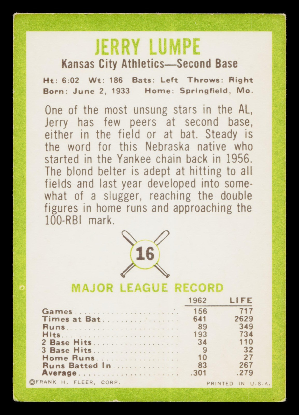 1963 Fleer – Jerry Lumpe #16b Vintage Baseball Card Kansas City A’s