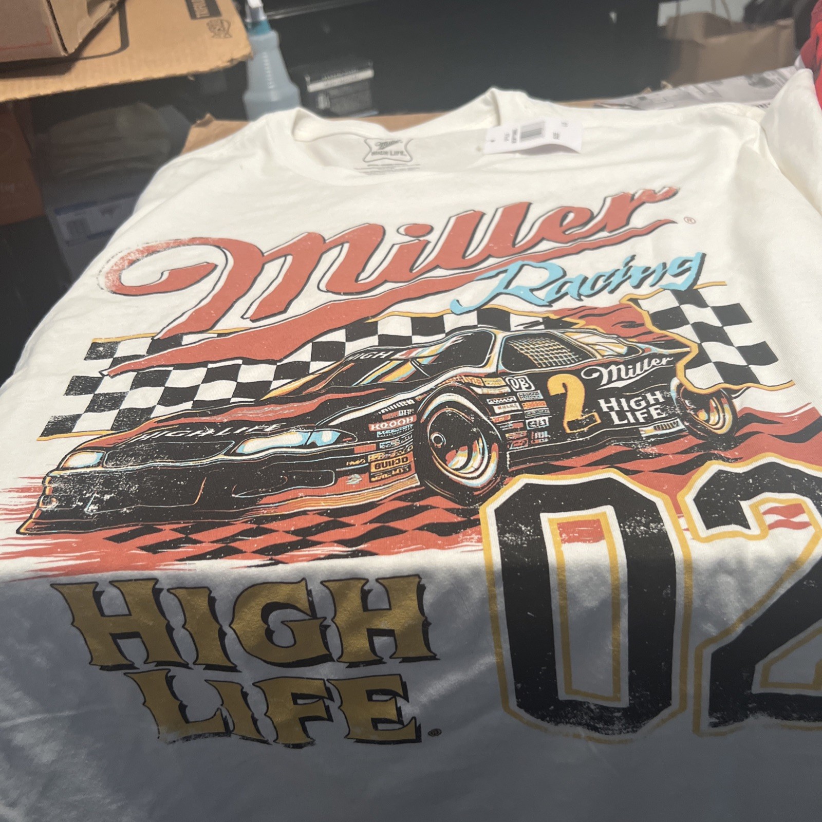 MILLER LITE SHIRT MENS Size LARGE BEIGH NASCAR RACING NEW