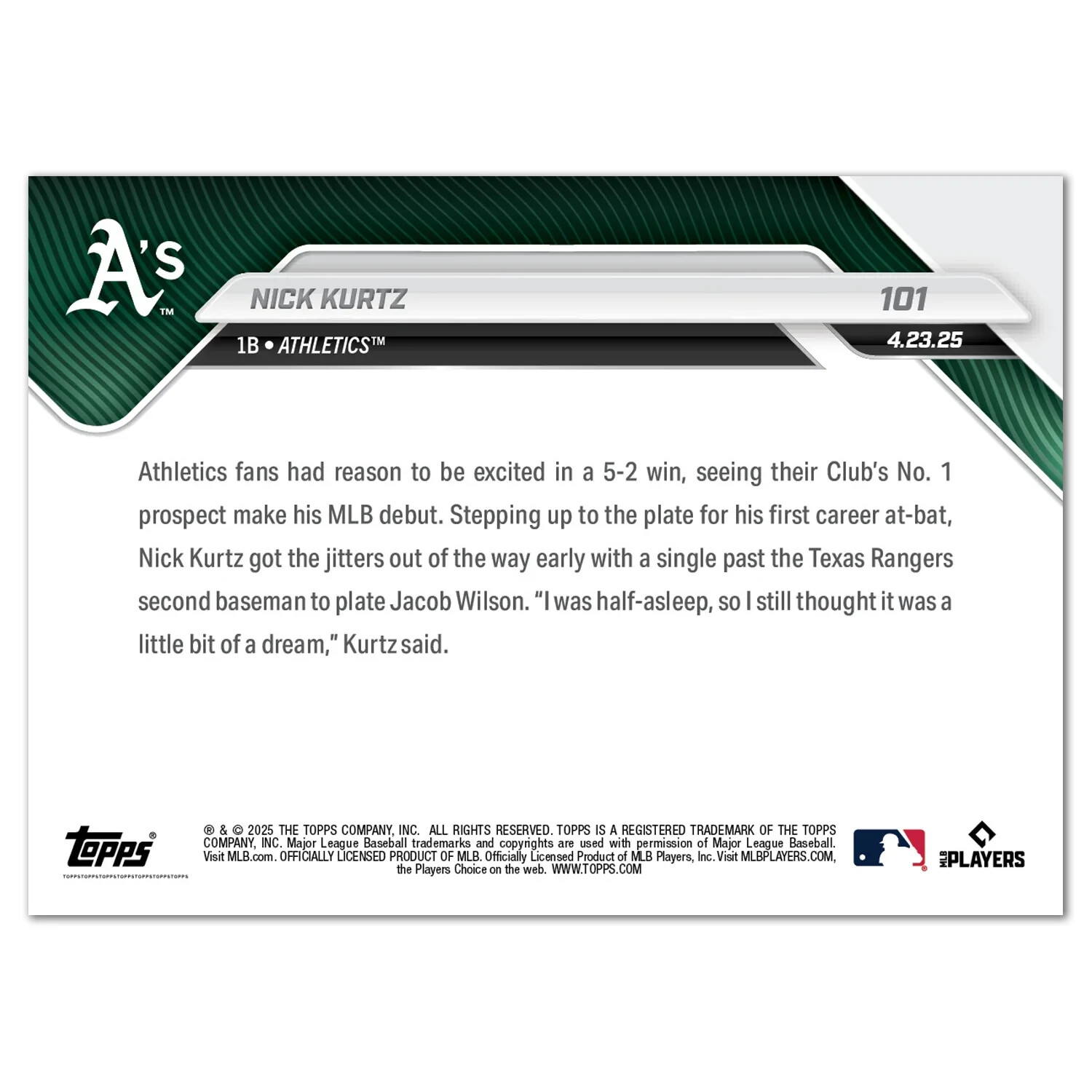 Nick Kurtz RC 1st Hit, RBI in Debut- 2025 MLB Topps NOW – Card 101 Presale