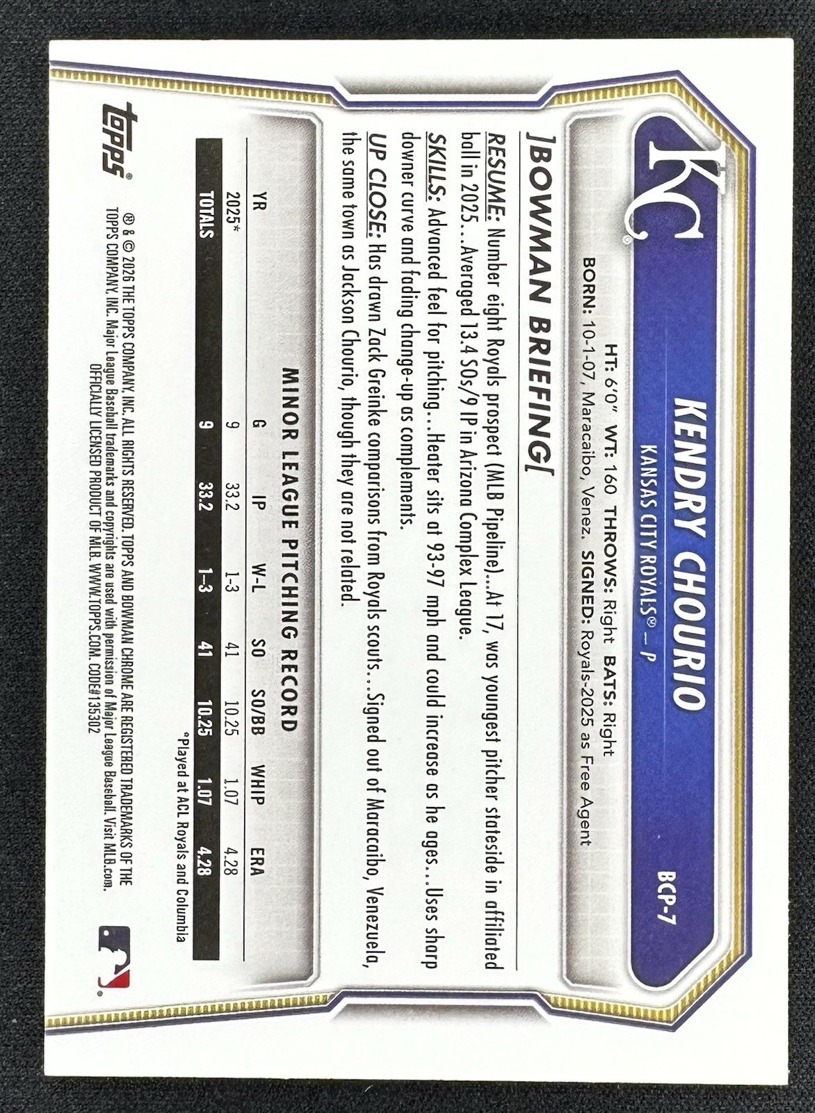 2026 Bowman #BCP-7 Kendry Chourio Chrome Prospects Fuchsia Refractor /199
