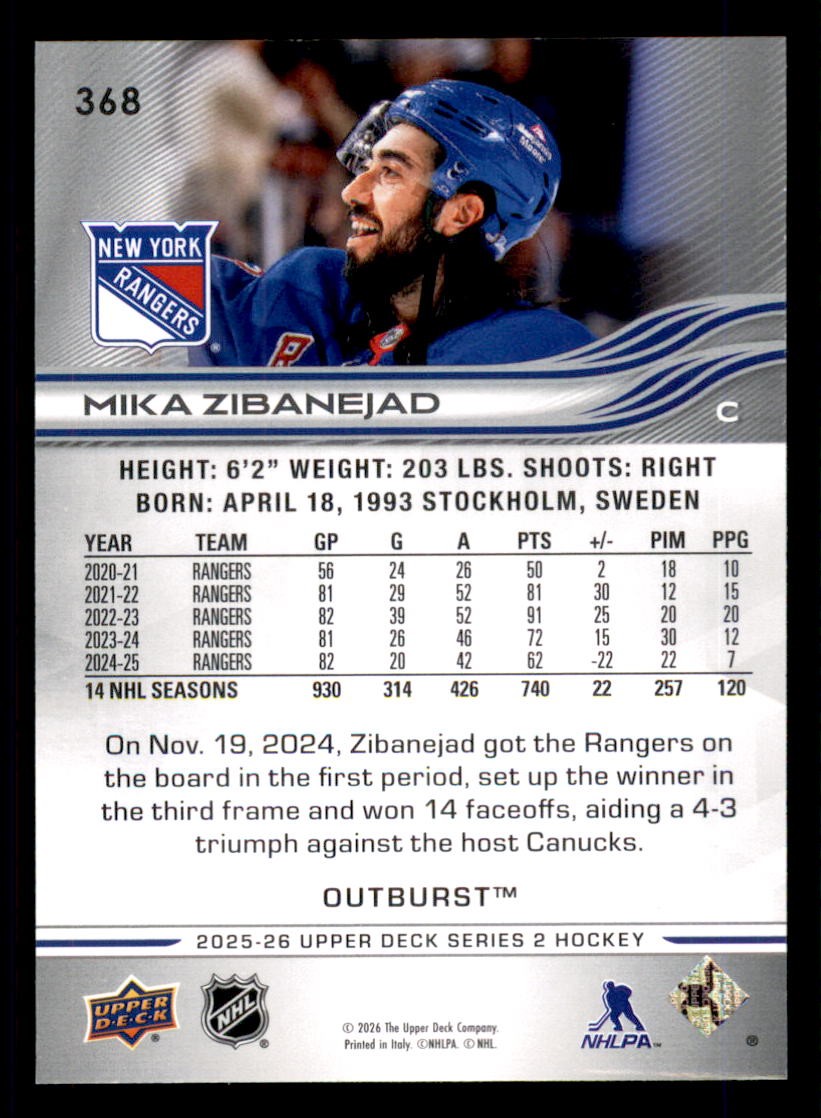 2025-26 Upper Deck Outburst Silver #368 Mika Zibanejad New York Rangers