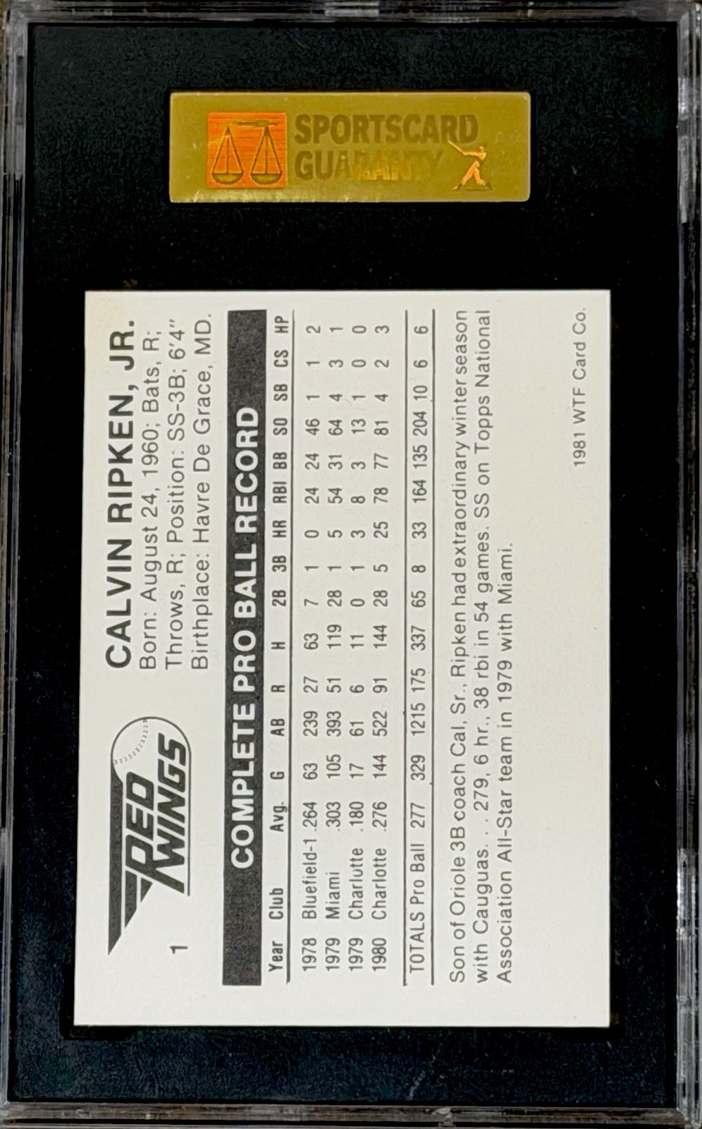 1981 WTF Rochester Red Wings #1 Cal Ripken Jr Minor League Rookie RC NM SGC 8.5