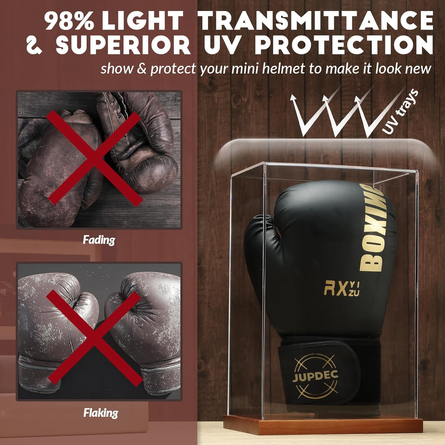 Boxing Glove Display Case, Clear Acrylic Showcase with Wood Base & Plank for Sin