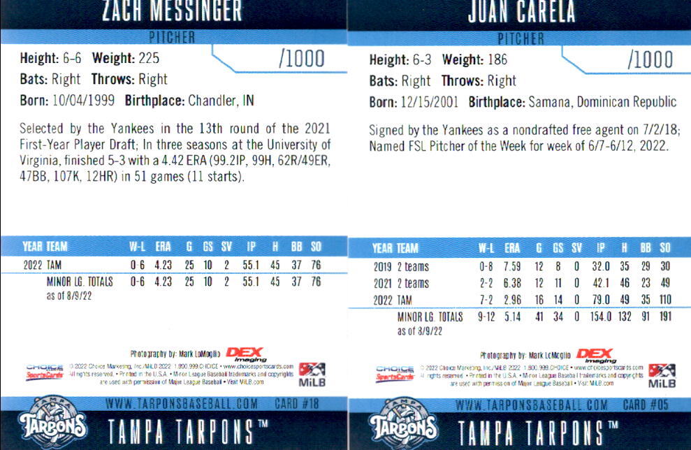 2022 Choice Marketing Tampa Tarpons Minor League RC /1000 – You Pick From A List