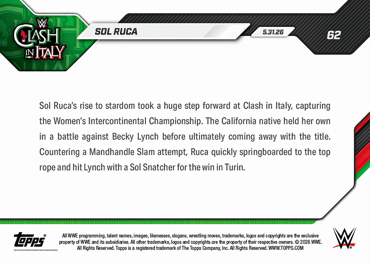 2026 Topps Now WWE #62 Sol Ruca Clash in Italy PRESALE