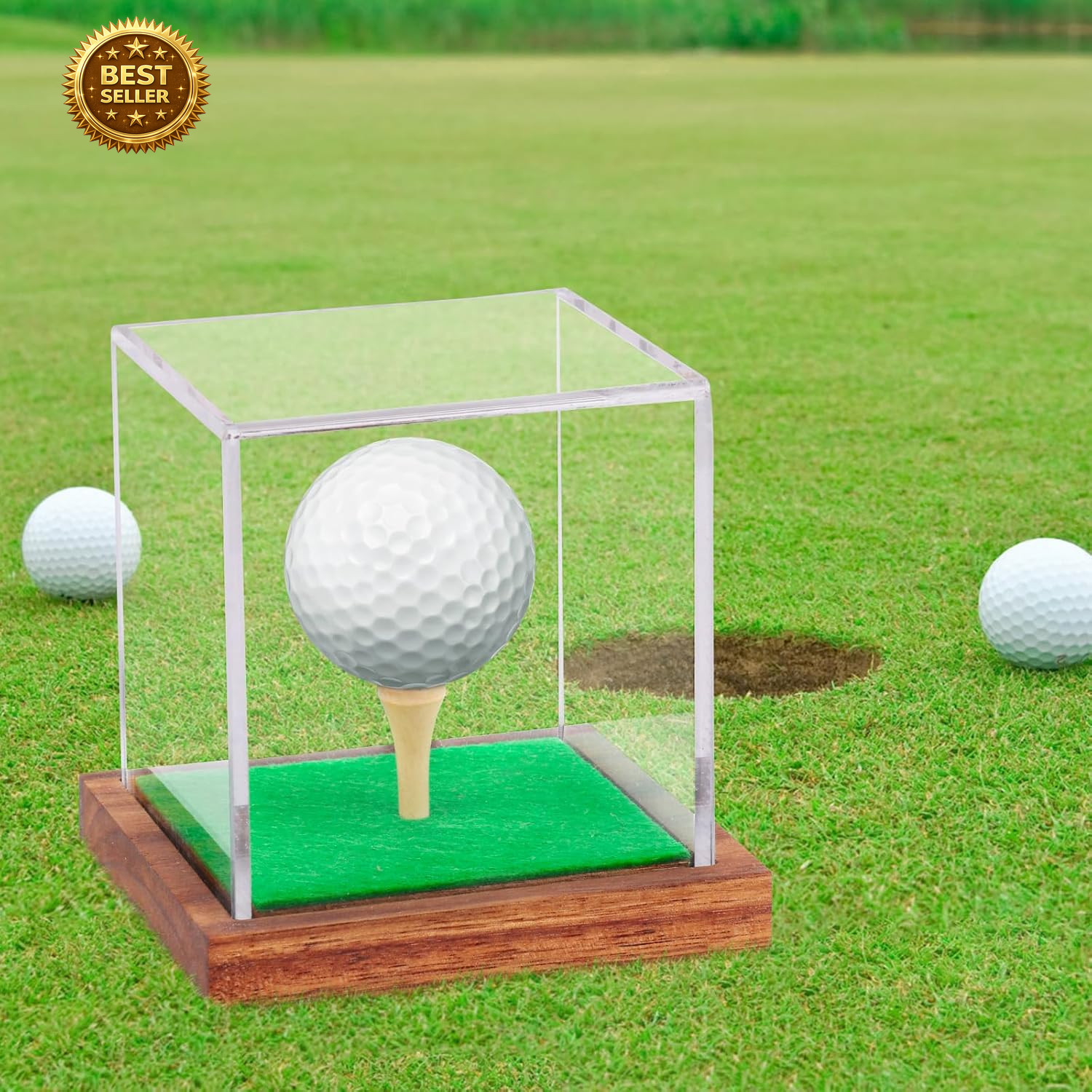 Golf Ball Display Case Acrylic Wood Base UV Protection Single Ball Holder Box