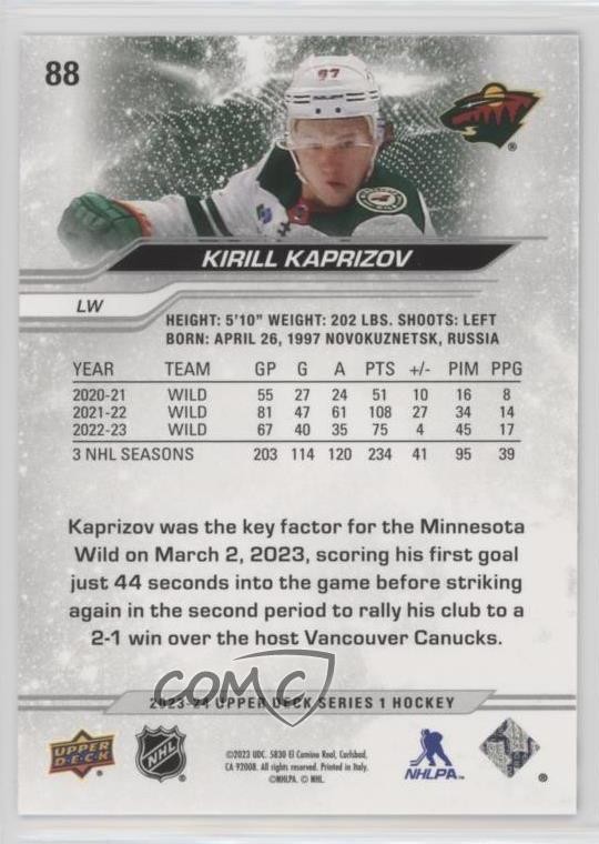 2023-24 Upper Deck Series 1 Deluxe 186/250 Kirill Kaprizov #88 1sr1
