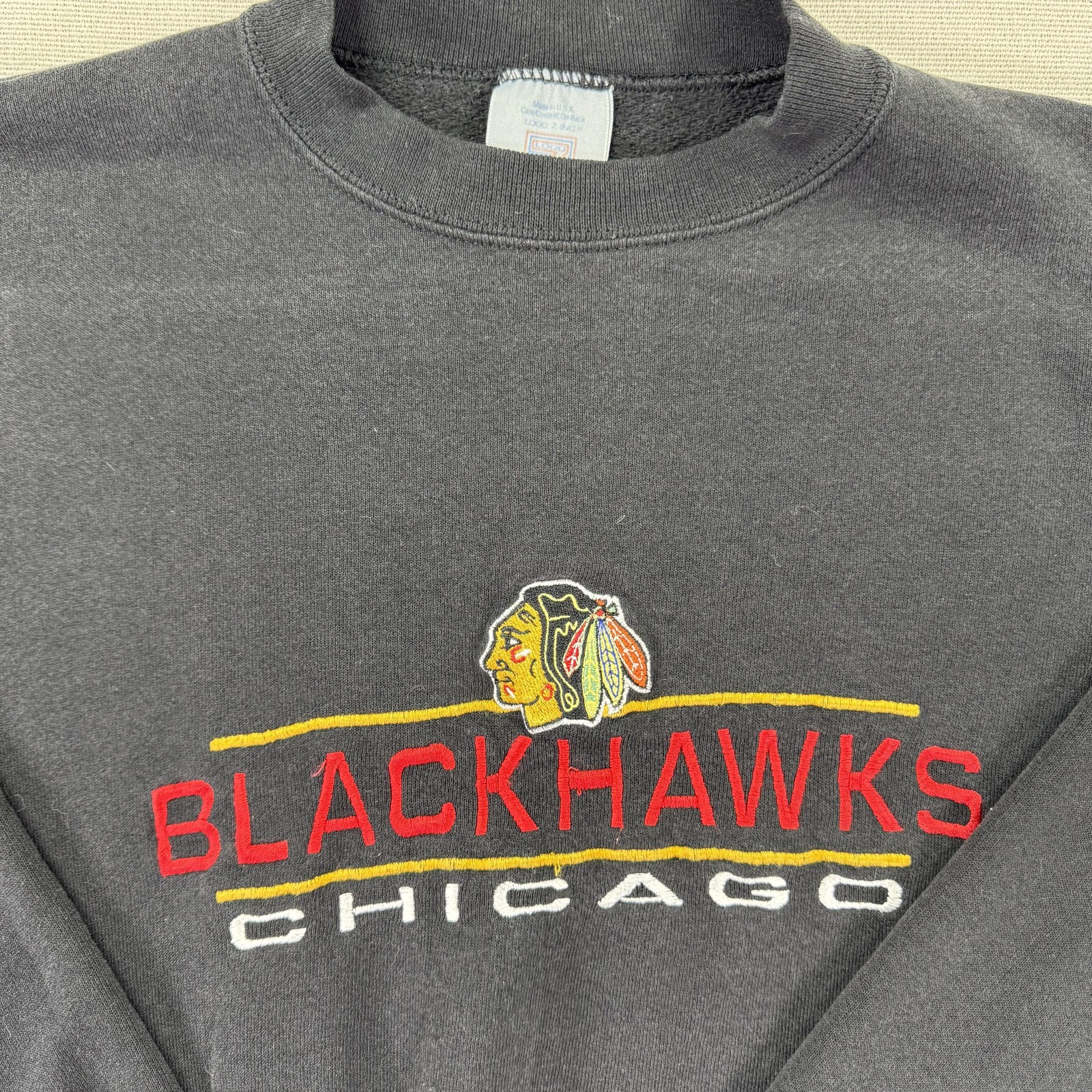 Vintage 90s Chicago Crewneck Blackhawks Sweatshirt Mens L Black Logo 7 Made USA