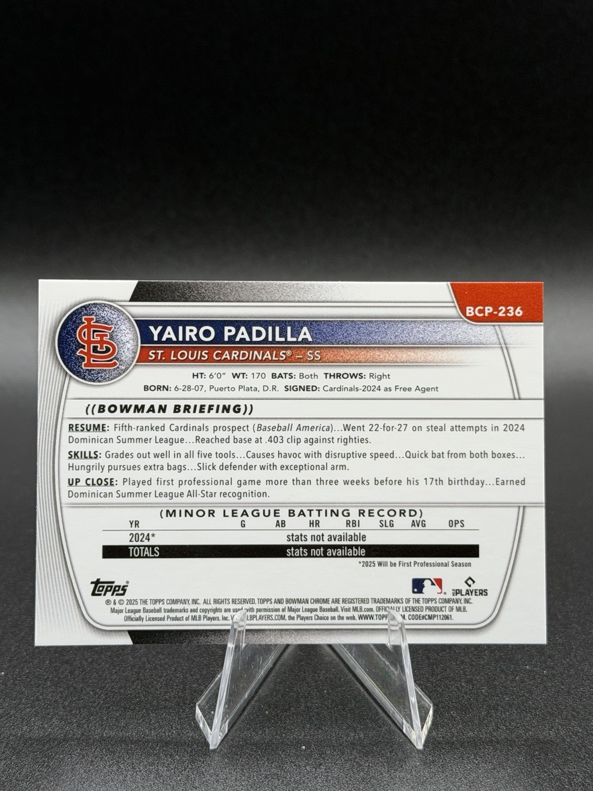 2025 Bowman Chrome – Yairo Padilla 1st Bowman Aqua Refractor /125 #BCP-236