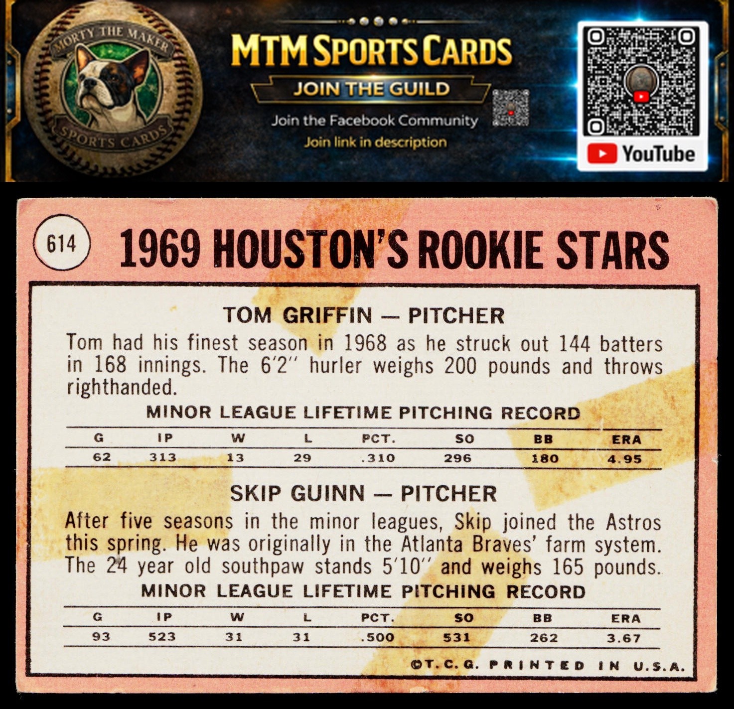 1969 Topps #614 Houston 1969 Rookie Stars (Tom Griffin / Skip Guinn)