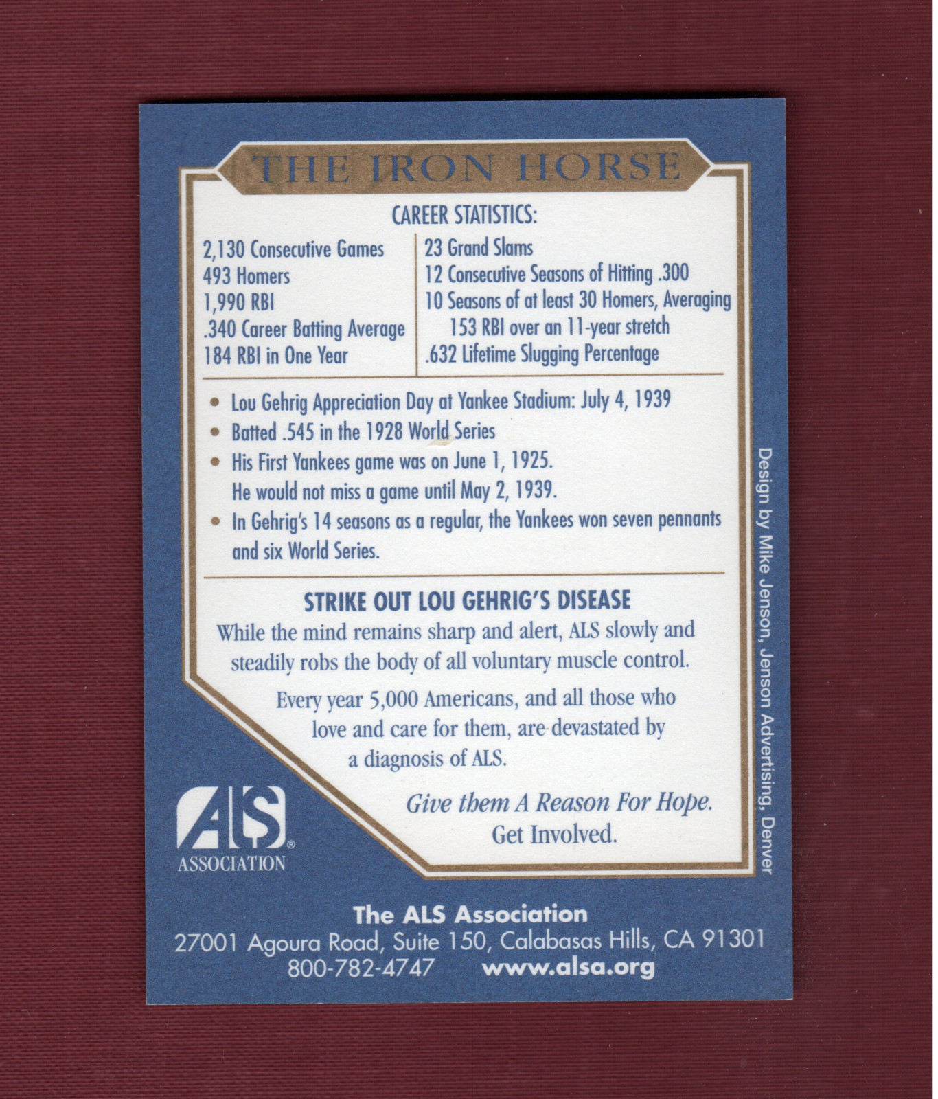 LOU GEHRIG, Yankees 100th Birthday card | Amyotrophic Lateral Sclerosis (ALS)
