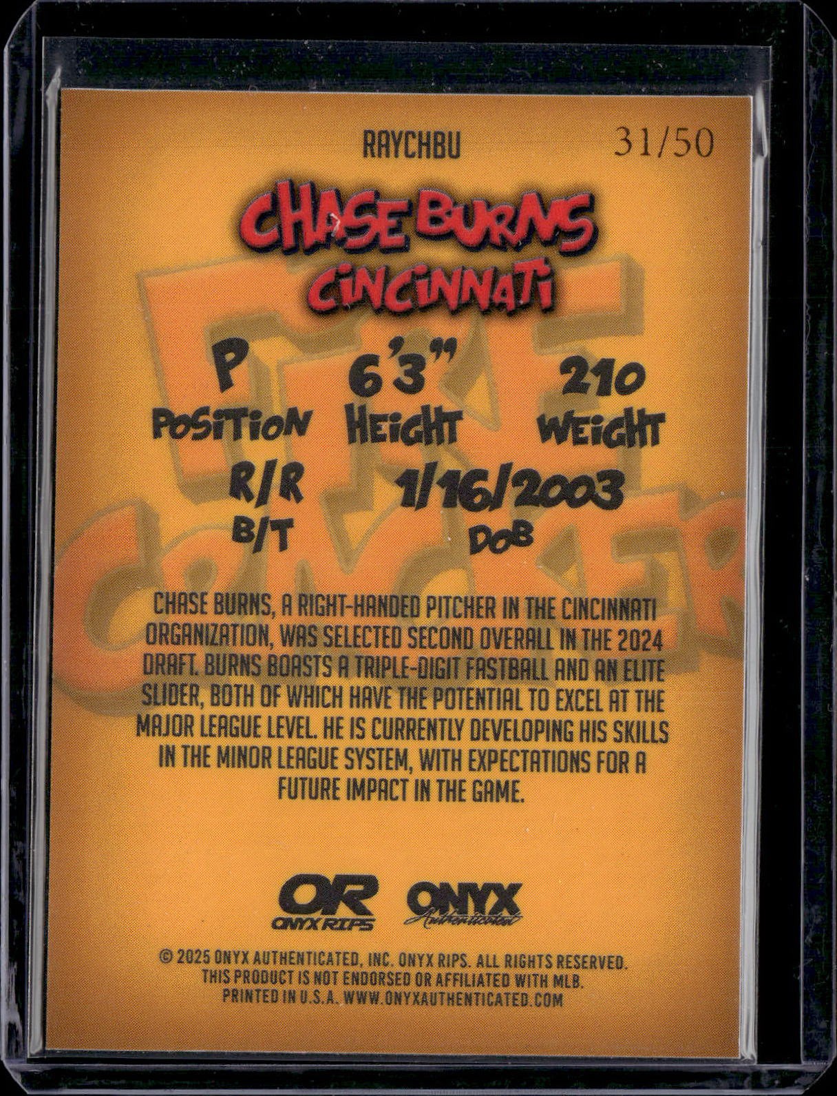 2025 Onyx Rips #RAYCHBU Chase Burns Nickname Comic Yellow Ice 31/50