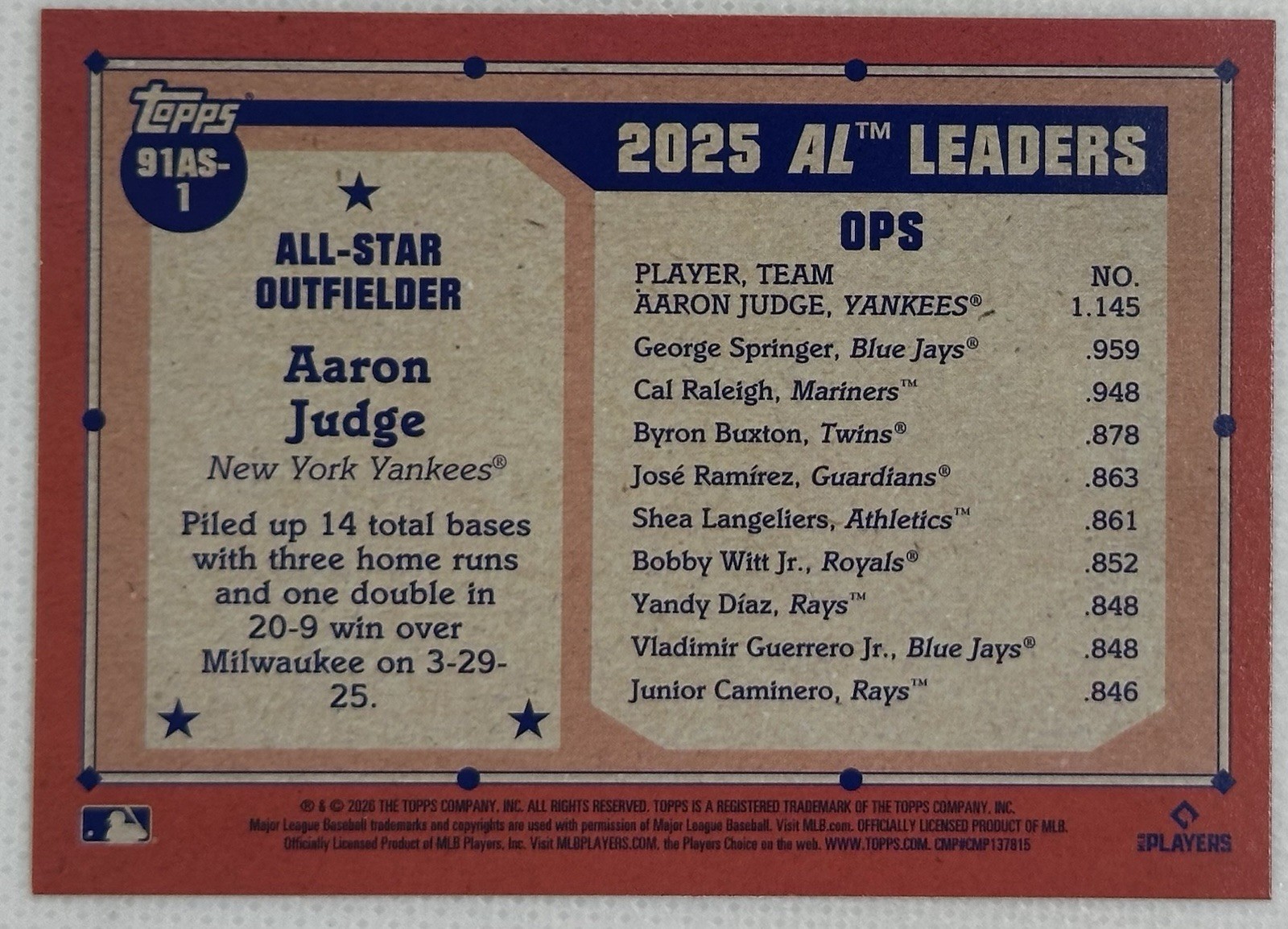 2026 Topps Series 2 1991 All-Star Retro #91AS-1 Aaron Judge
