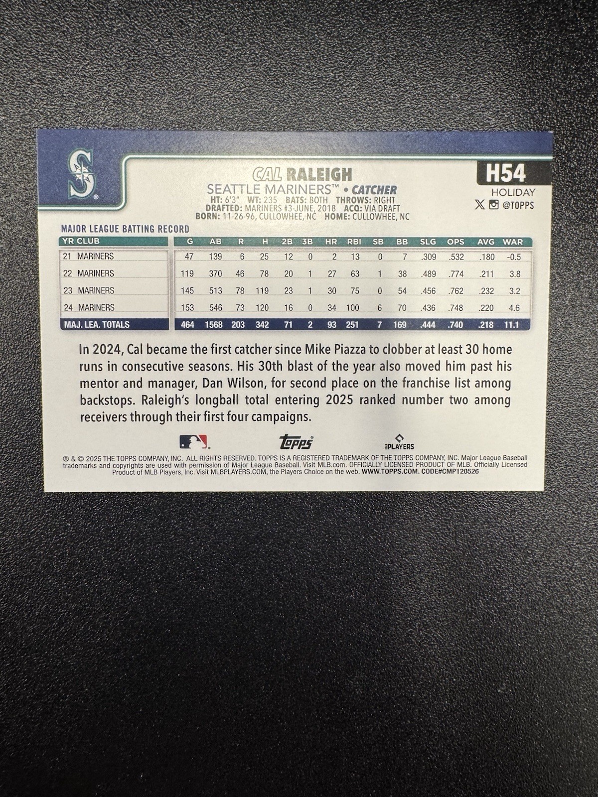 2025 Topps Holiday Cal Raleigh #H54 Mariners