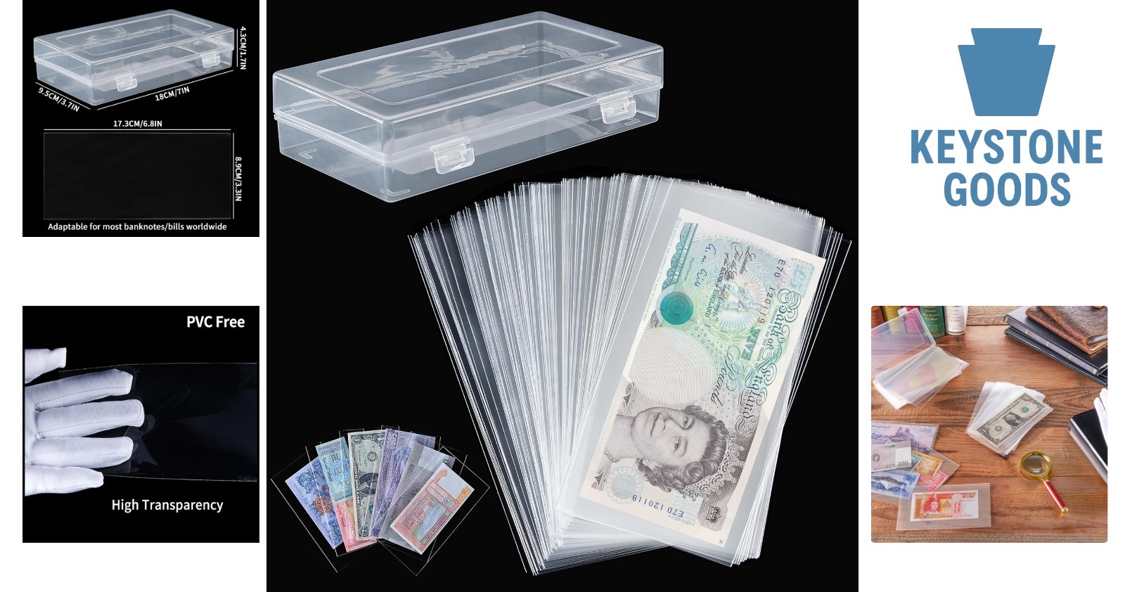 100 Pcs Clear Currency Sleeves with Storage Box for Banknotes & Stamp Collection