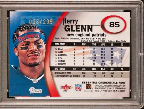 2001 Fleer E-X /299 Essential Credentials Now #85 Terry Glenn SP NE Pop 3! PSA 8