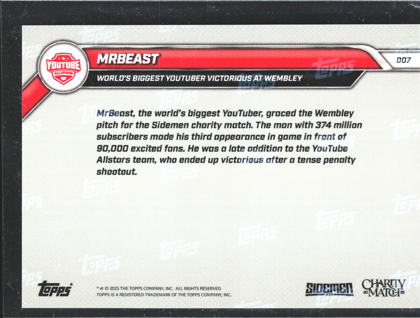 MrBeast 1st Trading Card 2025 Topps Now Sidemen Soccer Card Limited Edition