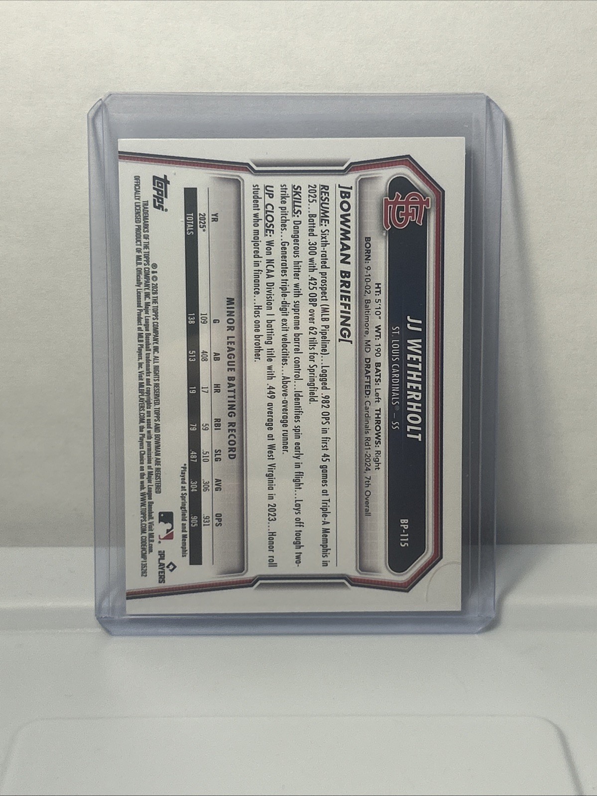 2026 Bowman JJ Wetherholt #BP-115 Purple /250 Cardinals