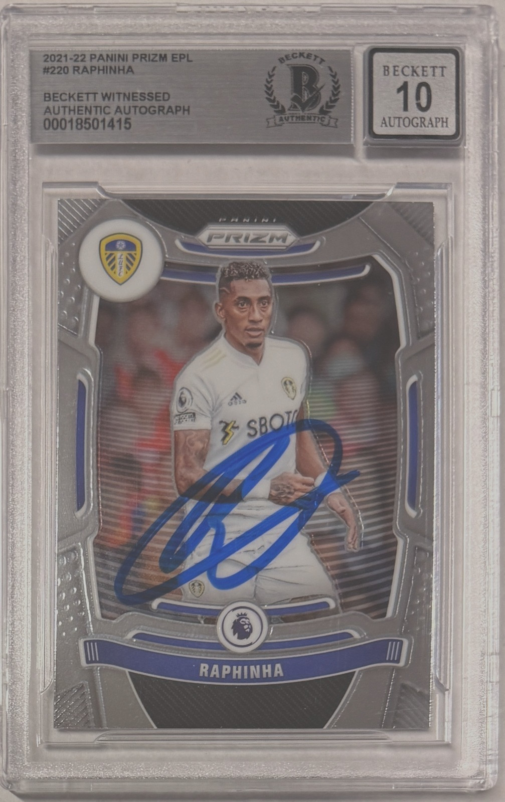 2021-22 Panini Prizm EPL #220 Raphinha Signed Leeds Beckett Witness AUTO 10