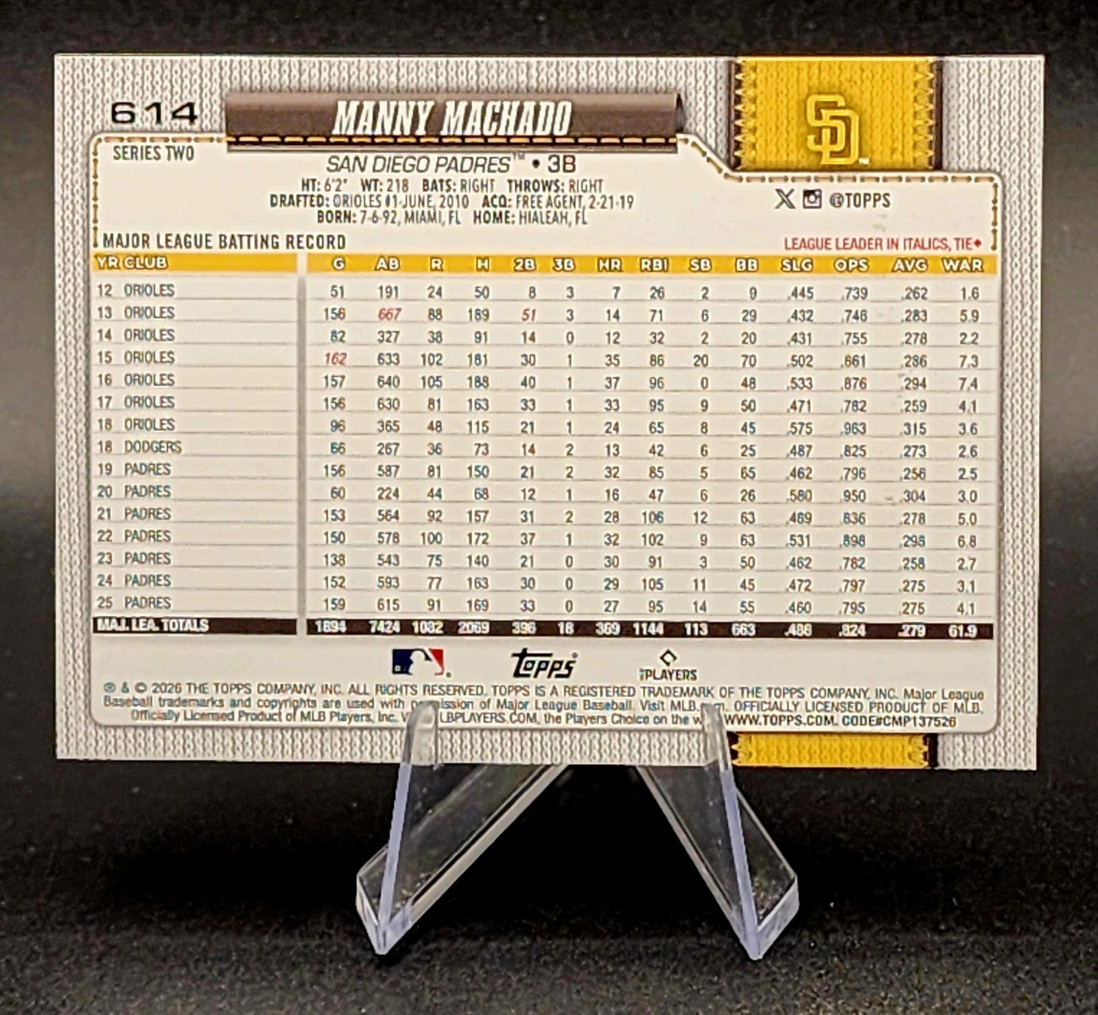 2026 Topps Series 2 Manny Machado Holiday Foil #614 Padres