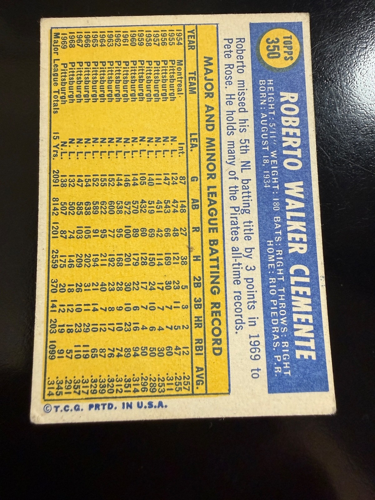 Topps 1970 Roberto Clemente Pittsburgh Pirates #350 VGEX SMALL WRINKLE LEFT