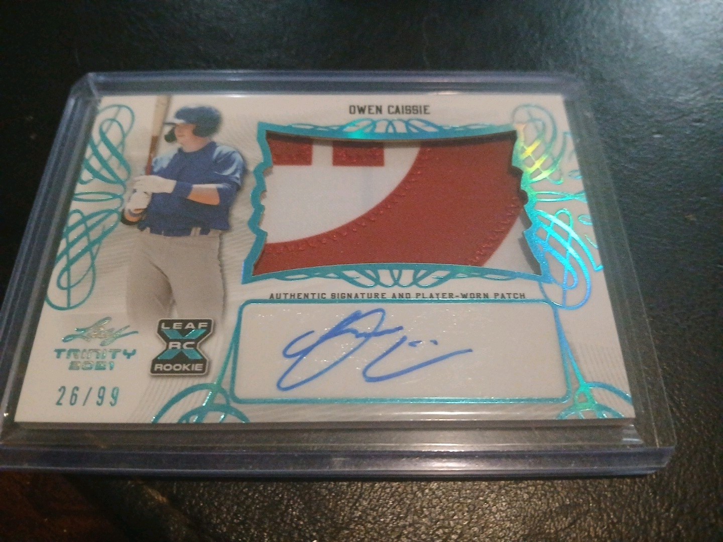OWEN CAISSIE 2021 Leaf Trinity TEAL Patch Auto RC 26/99 RPA Sick Patch!