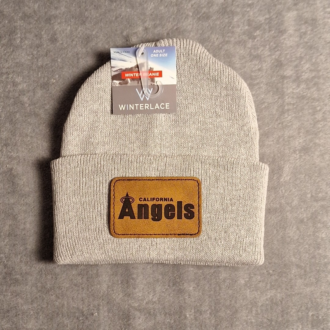 Los Angeles Angels Leather Rectangle Patch Gray Beanie Cap MLB