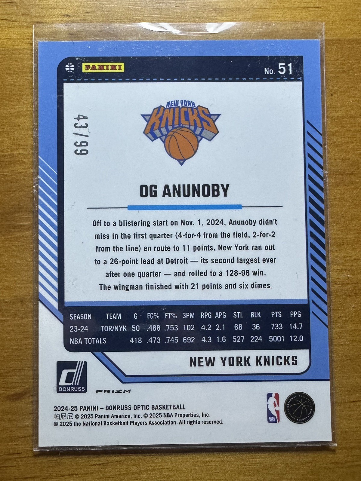 2024-25 Panini Donruss Optic – OG Anunoby #51 Copper Glitter Prizm /99