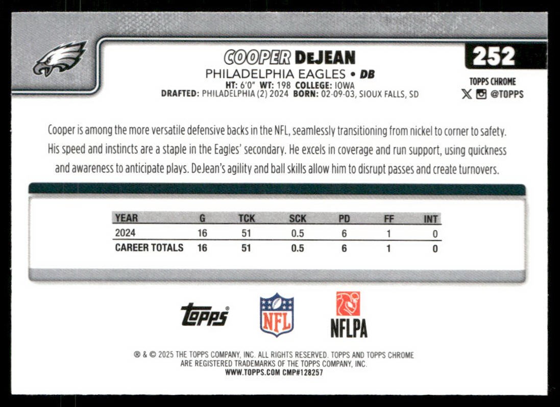 2025 Topps Chrome #252 Cooper DeJean Green Wave Refractor #/99