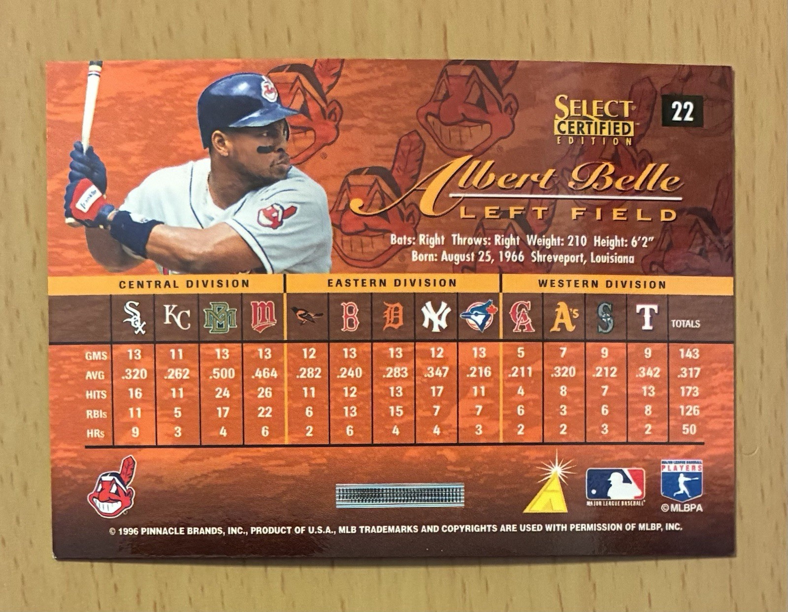 1996 SELECT CERTIFIED BASEBALL CERTIFIED RED ALBERT BELLE #22 CLEVELAND INDIANS