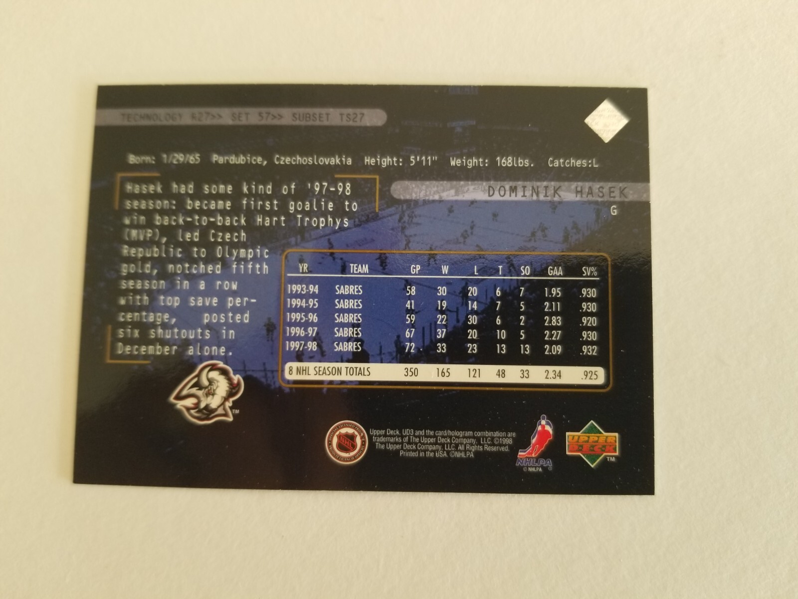 1998-99 Upper Deck UD3 Three Star Spotlight #57 Dominik Hasek Buffalo Sabres