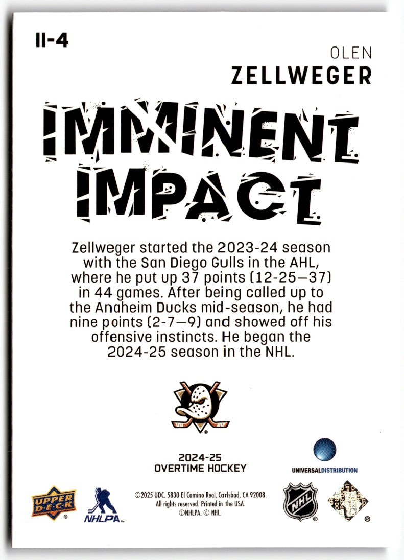 Olen Zellweger 2024-25 Upper Deck Overtime Imminent Impact Rookie #251 Anaheim