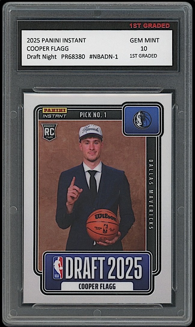 Cooper Flagg 2025 Panini Instant Draft Night Rookie Card Mavericks 1st Graded 10