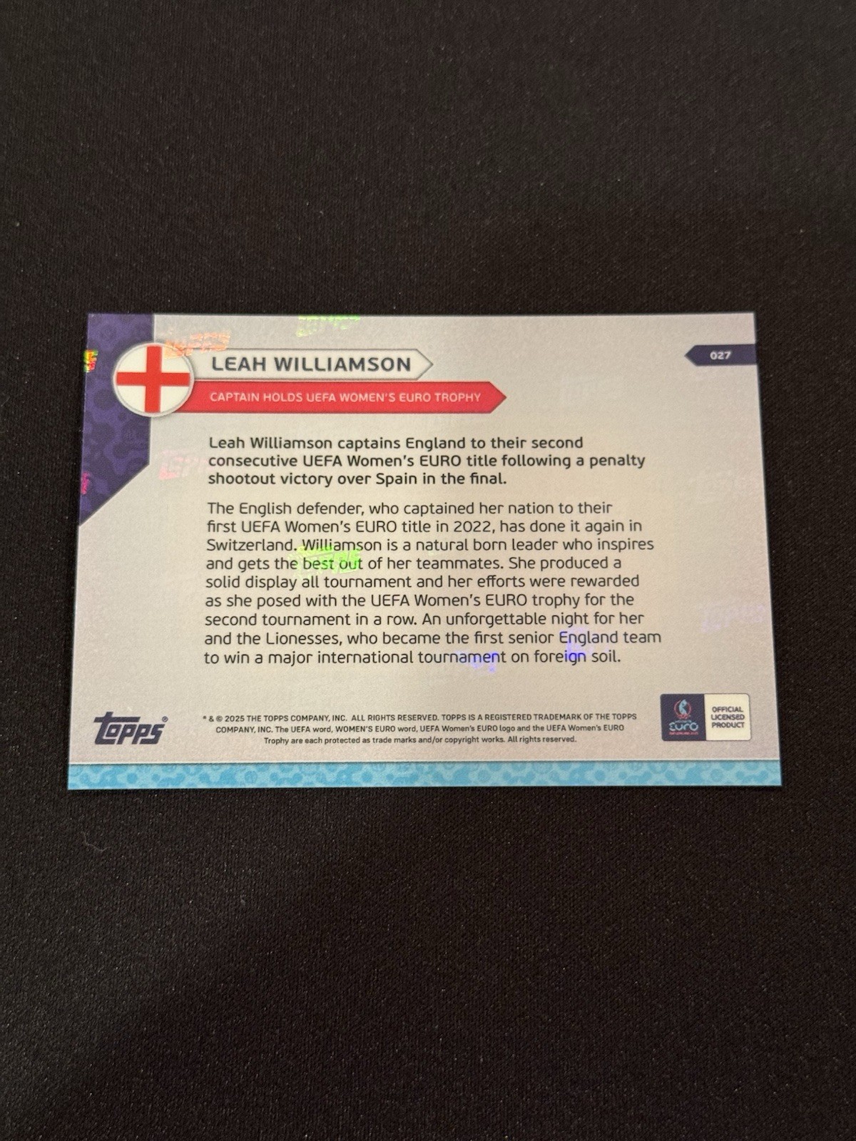 Leah Williamson UEFA Women’s Euro 2025 Topps Now Captain Euro Trophy #27 In Hand