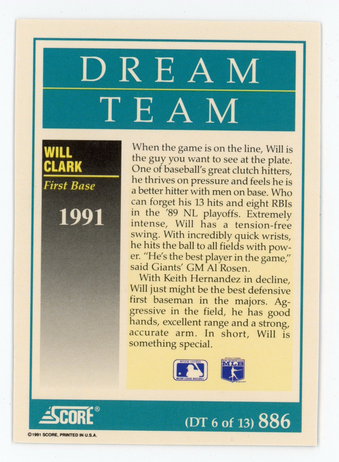 1991 Score Dream Team 886 Will Clark Mint