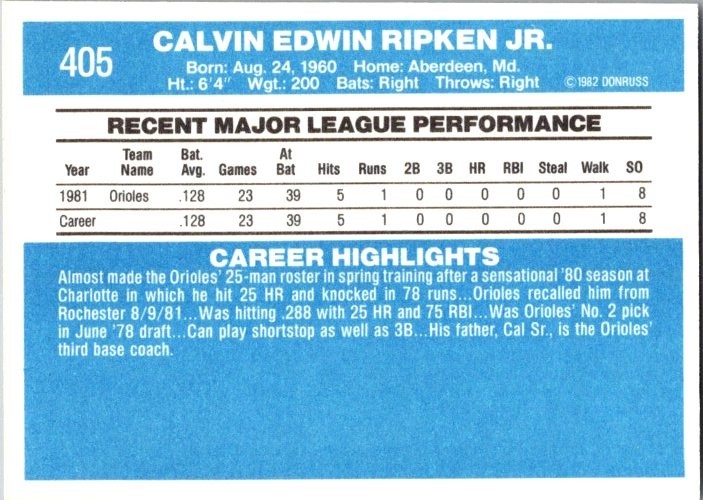 1982 DONRUSS BASEBALL COMPLETE SET (1-660) CAL RIPKEN JR (RC) EX-NM