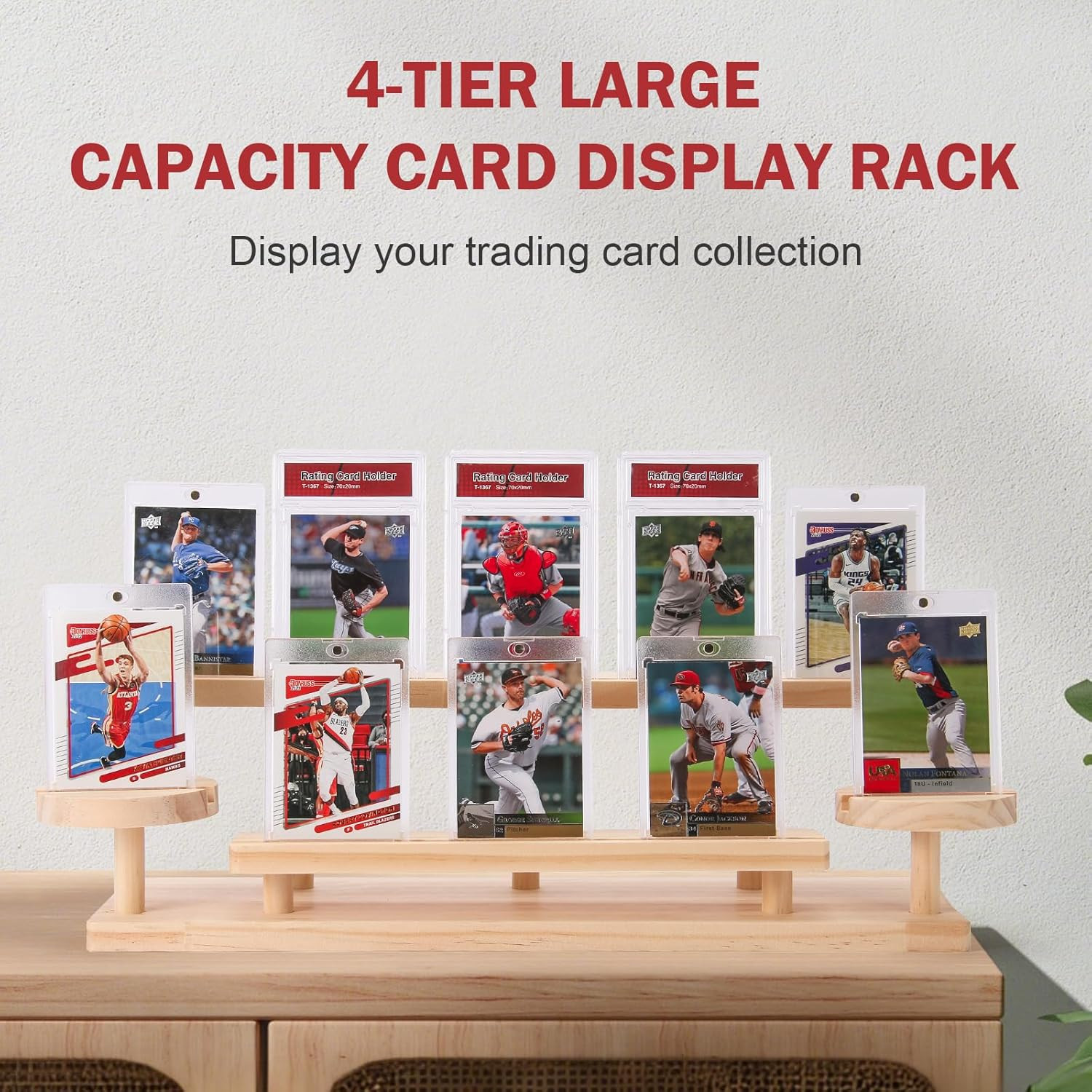 Wooden Trading Card Display Stand, 3-Tier Card Holder for Graded, Sports and TCG
