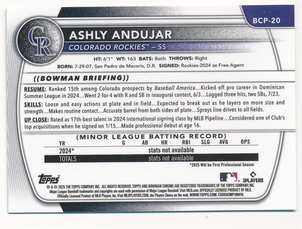 ASHLY ANDUJAR 2025 BOWMAN CHROME WAVE REFRACTOR #BCP-20 SP ROCKIES #176/350