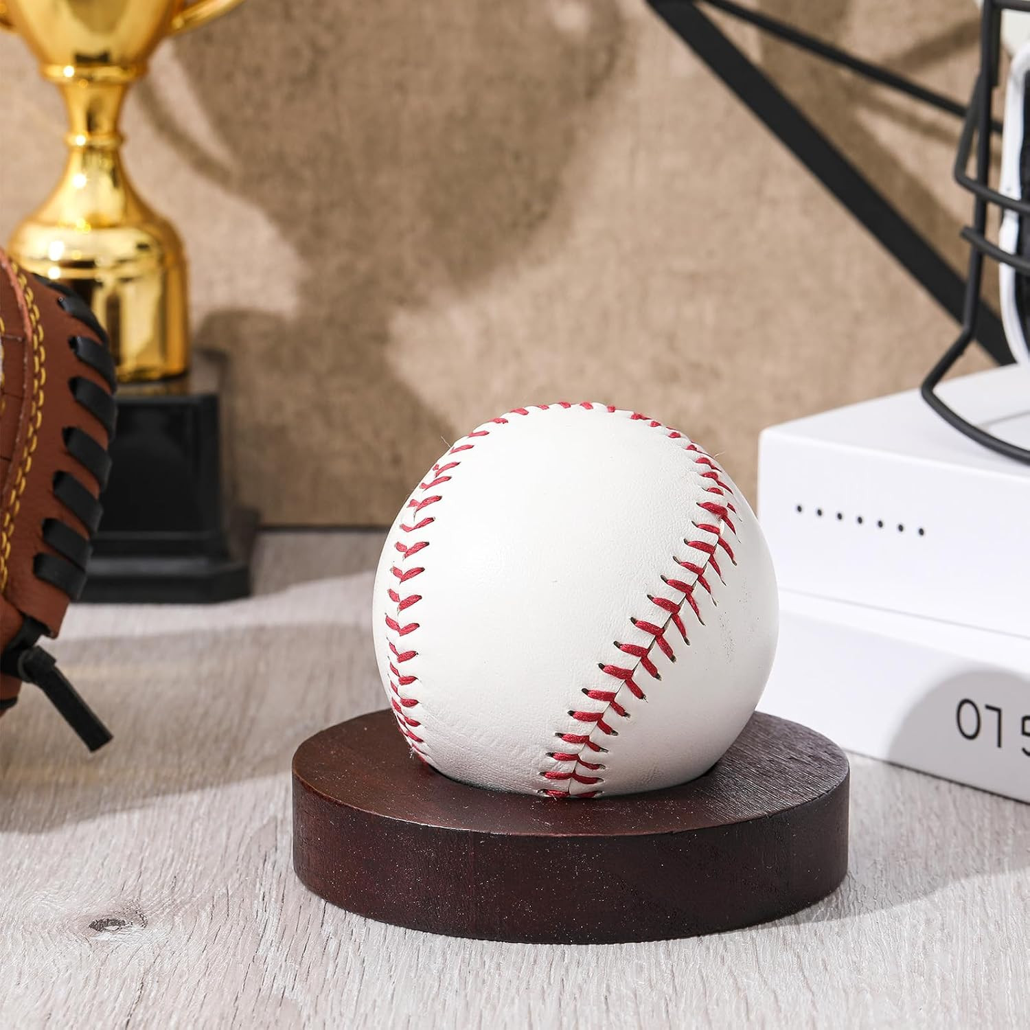1 Pcs 3.94 in Baseball Display Stand Holder Case with Wooden Base, round Ball Ho