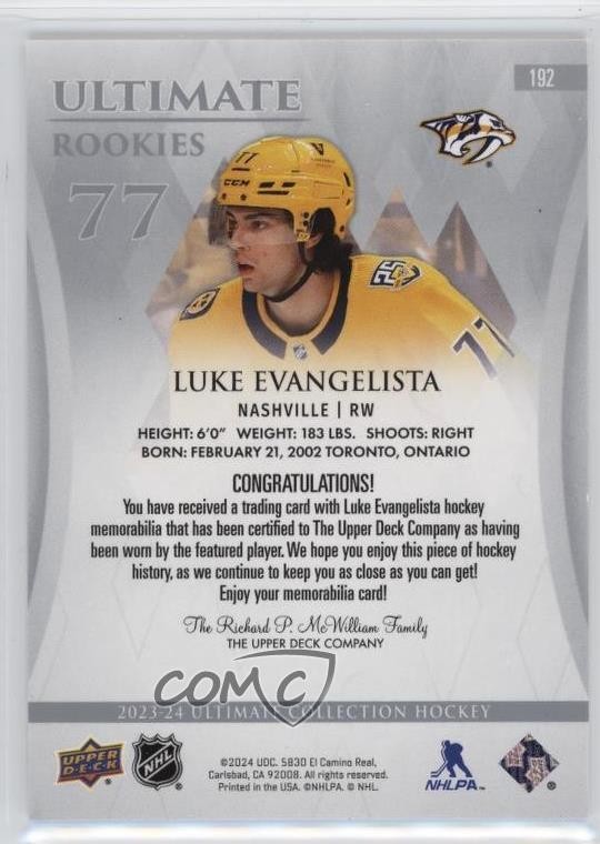 2023 Ultimate Collection Rookies Jersey 582/599 Luke Evangelista Rookie RC 1sr1