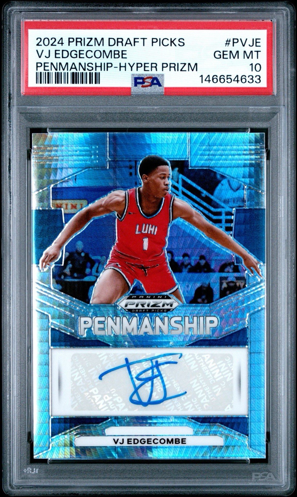 2024-25 Prizm Draft Picks – Penmanship VJ Edgecombe Hyper Prizm (AU, RC) pop 1