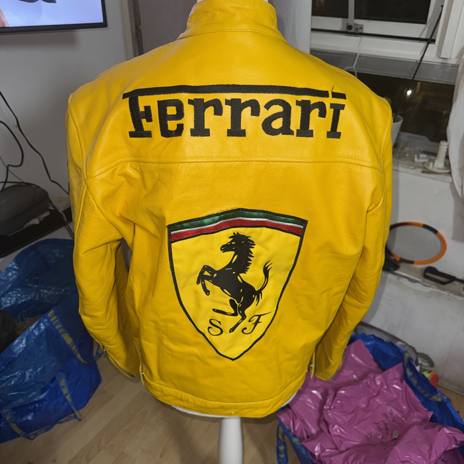 Vintage Michael Schumacher Ferrari Leather Jacket Mens Size large Yellow Black