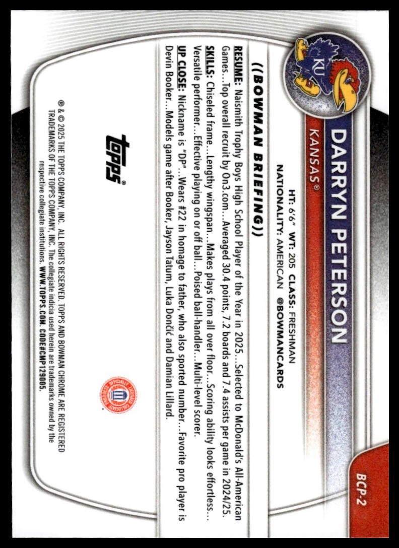 2025-26 Bowman #BCP-2 Darryn Peterson Chrome Prospects Blue Mojo Refractor #/150
