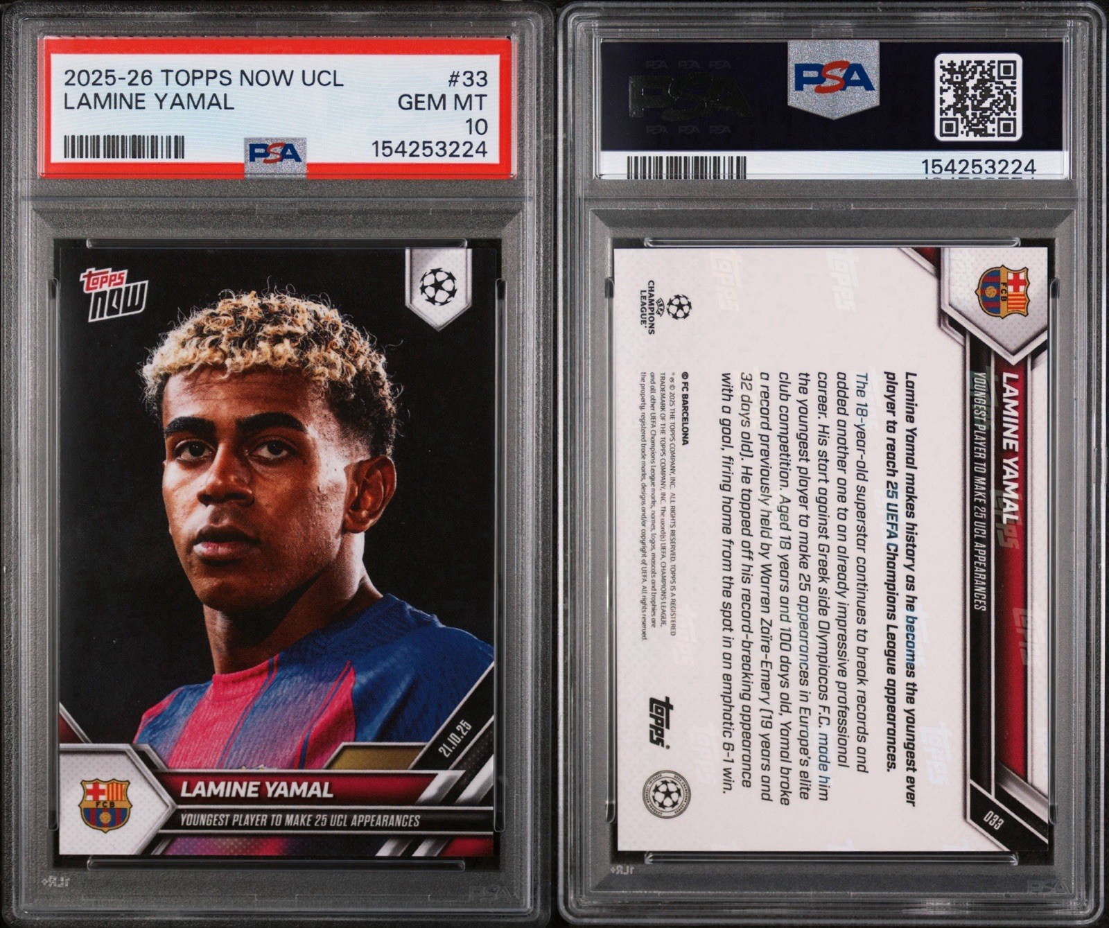 2025-26 Topps Now Uefa Champions League – Lamine Yamal #033 /5105 PSA 10