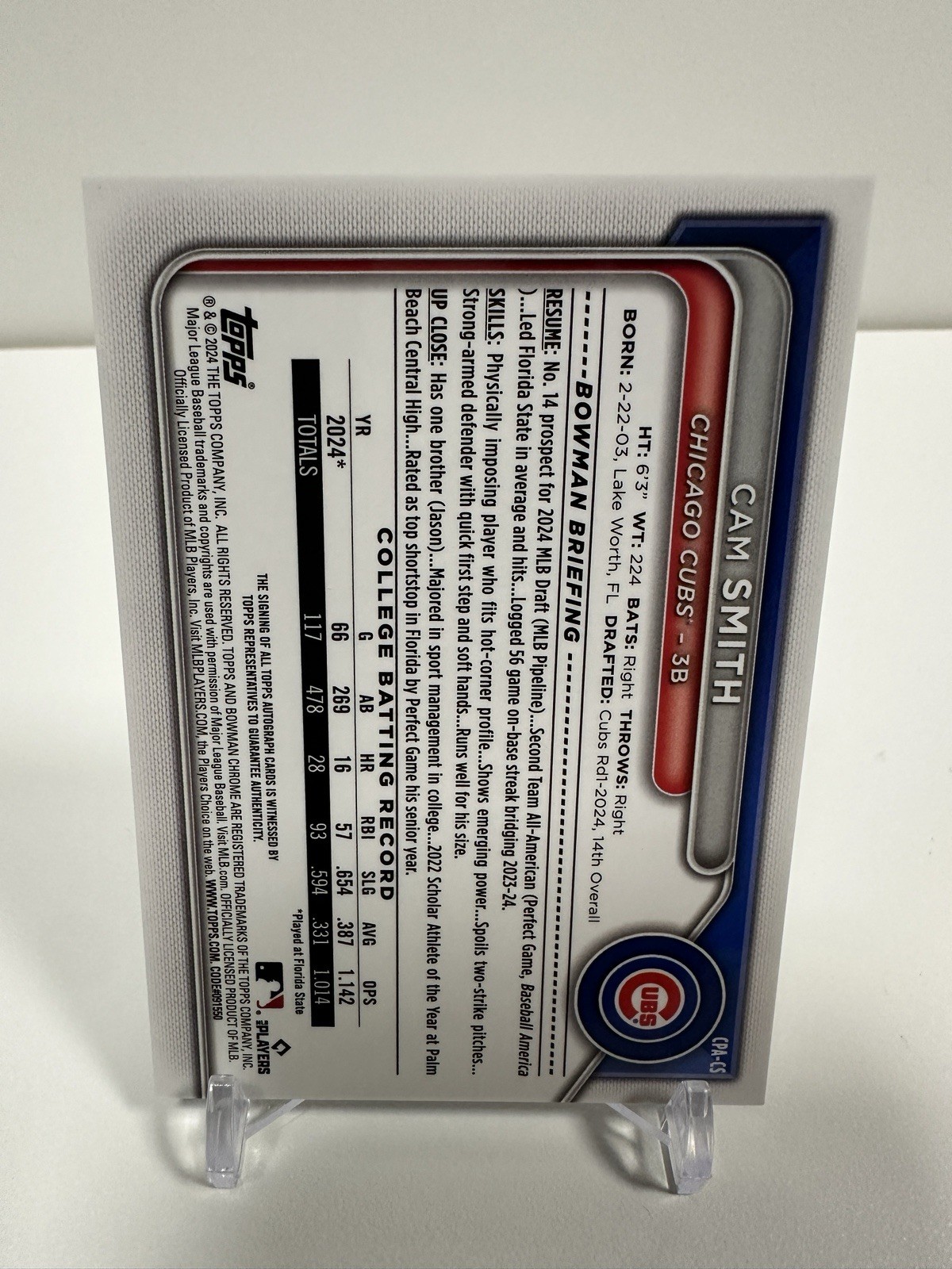 Cam Smith 2024 Bowman Draft #CPA-CS 1st Bowman Chrome Prospect Auto Cubs🔥