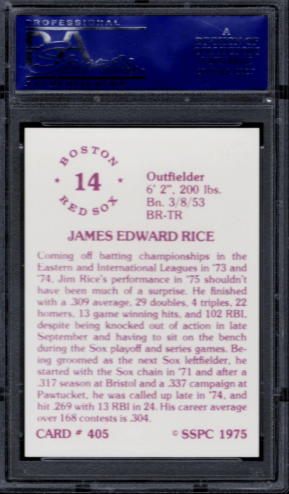 PSA 9 – 1975 SSPC #405 Jim Rice (RC) Boston Red Sox HOF