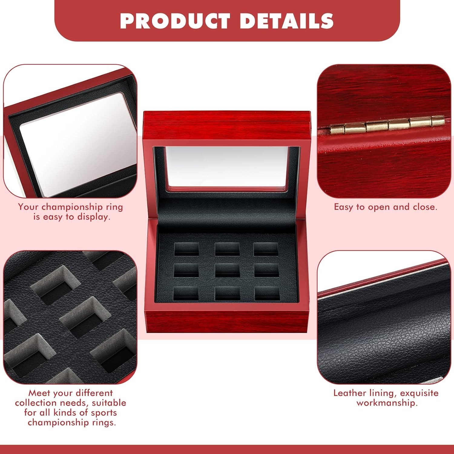 Championship Ring Display Case – Wooden Box with 9 Holes for Multiple Rings – Ba